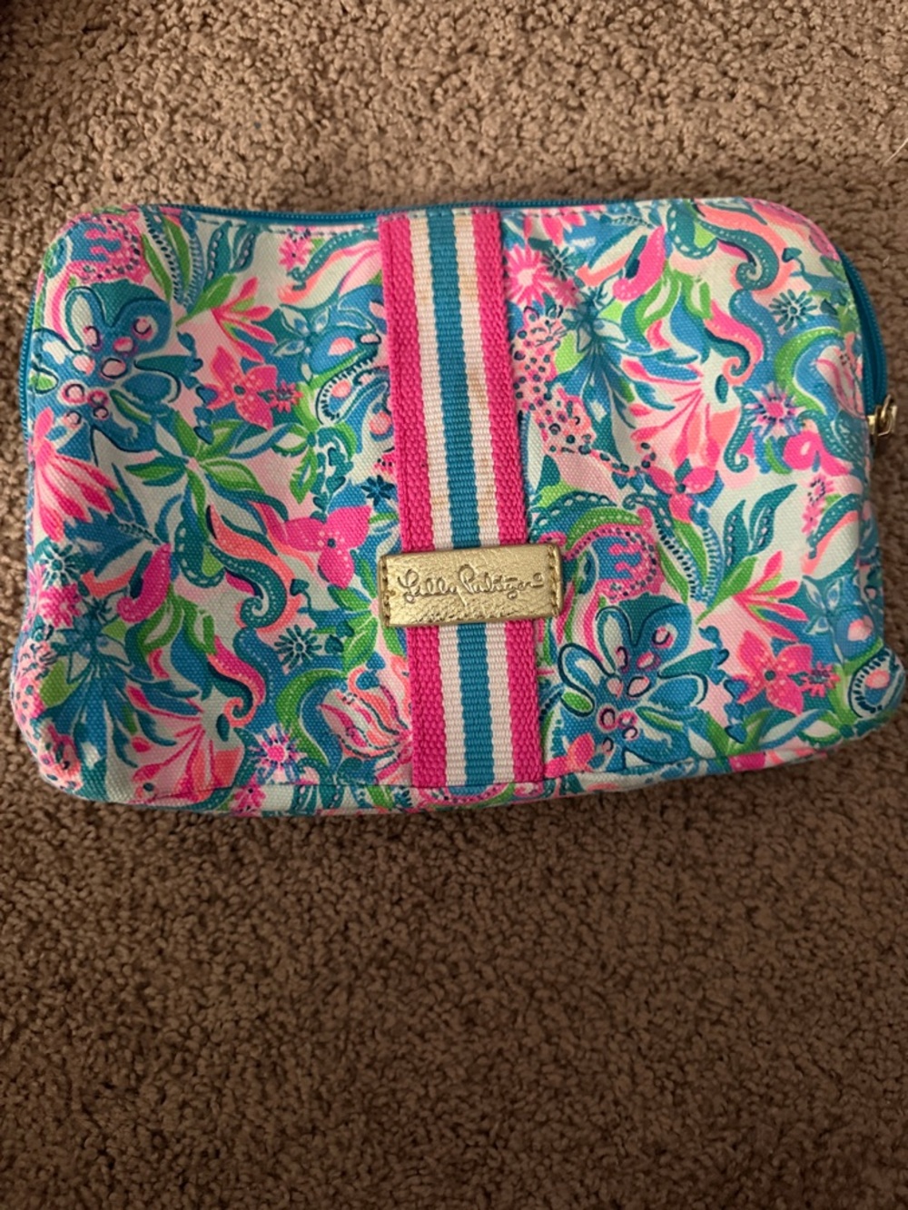 Lilly Pulitzer Pink, Blue & Green Floral Cosmetic Bag with Striped Accent